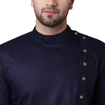 Aristocratic Angrakha Style Pleated Navy Blue Men'S Kurta Only 4