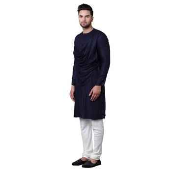 Emperor Cut Front Drape Navy Blue Men'S Kurta With White Churidar 2