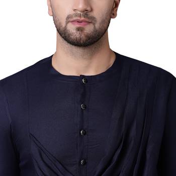 Emperor Cut Front Drape Navy Blue Men'S Kurta With White Churidar 3