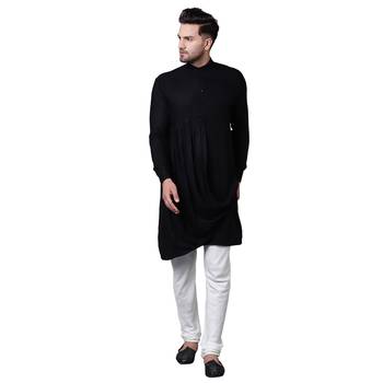 King Cut Front Drape Black Men'S Kurta With White Churidar 1