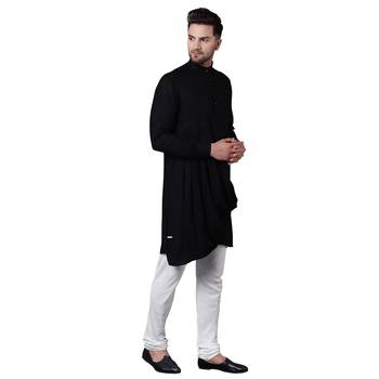 King Cut Front Drape Black Men'S Kurta With White Churidar 2