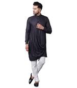 King Cut Front Drape Grey Men'S Kurta With White Churidar
