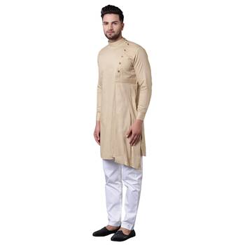 Aristocratic Angrakha Style Pleated Beige Men'S Kurta With White Trousers 2