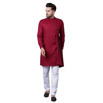 Aristocratic Angrakha Style Pleated Maroon Men'S Kurta With White Trousers 1