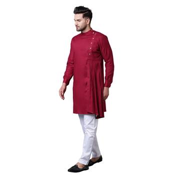Aristocratic Angrakha Style Pleated Maroon Men'S Kurta With White Trousers 2
