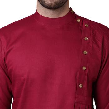 Aristocratic Angrakha Style Pleated Maroon Men'S Kurta With White Trousers 3