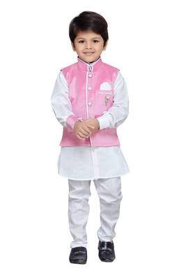 White Kids Kurta Pyjama With Pink Waistcoat 1