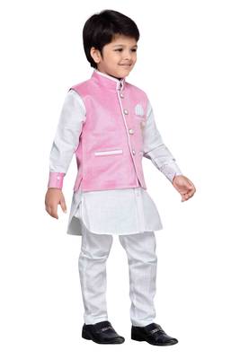 White Kids Kurta Pyjama With Pink Waistcoat 2