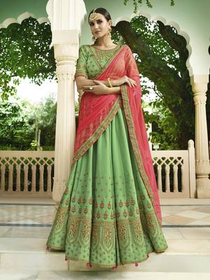 Green Embroidered Silk Semi Stitched Lehenga With Dupatta 1