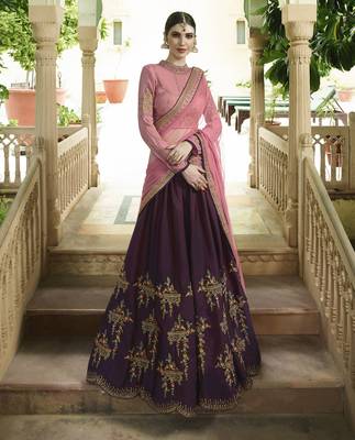 Dark Maroon Embroidered Silk Semi Stitched Lehenga With Dupatta 1