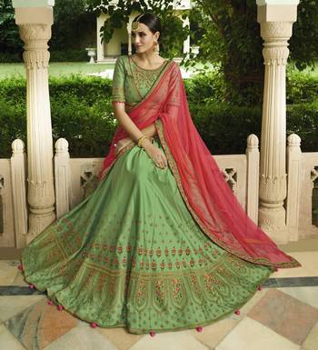 Green Embroidered Silk Semi Stitched Lehenga With Dupatta 2