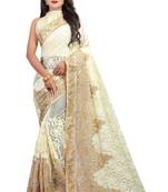 Beige Net Embroidered Saree With Blouse