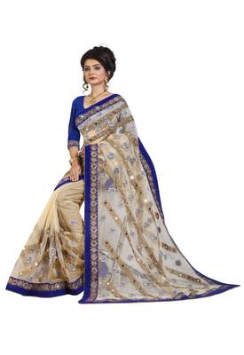 Beige embroidered net saree with blouse 2