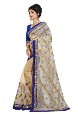 Beige embroidered net saree with blouse 3