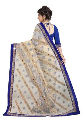 Beige embroidered net saree with blouse 4
