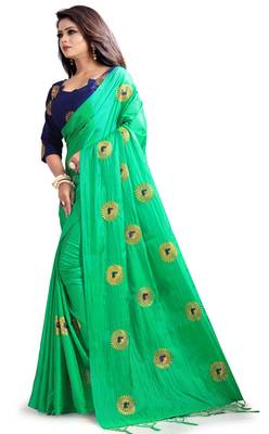 Green embroidered fancy fabric saree with blouse 2