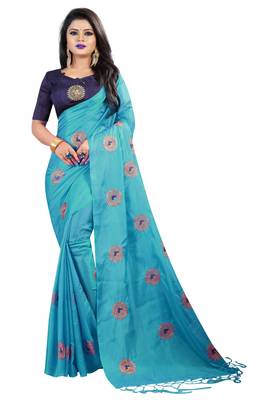 Sky blue embroidered fancy fabric saree with blouse 1