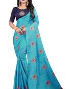 Sky blue embroidered fancy fabric saree with blouse
