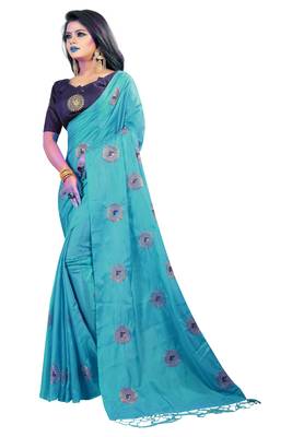 Sky blue embroidered fancy fabric saree with blouse 2