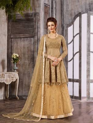 Beige embroidered net salwar with dupatta 1