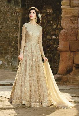 Beige embroidered net salwar with dupatta 1
