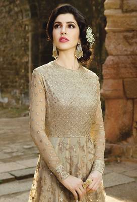 Beige embroidered net salwar with dupatta 2