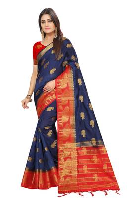Blue woven cotton silk saree with blouse 1