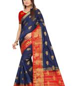 Blue woven cotton silk saree with blouse