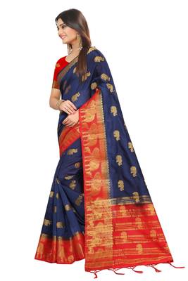 Blue woven cotton silk saree with blouse 2