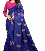 Blue embroidered faux silk saree with blouse