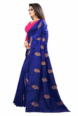 Blue embroidered faux silk saree with blouse 2