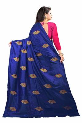 Blue embroidered faux silk saree with blouse 3