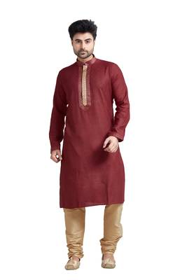 Maroon Jacquard Kurta Set With Gold Corded Near The Placket Patti And Collar 1