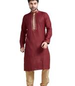 Maroon Jacquard Kurta Set With Gold Corded Near The Placket Patti And Collar