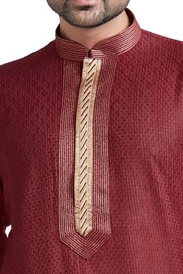 Maroon Jacquard Kurta Set With Gold Corded Near The Placket Patti And Collar 3