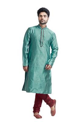 Blue Jacquard Kurta Set With Machine Embroidery On The Placket Patti And Collar With Maroon Cord Piping 1