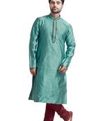 Blue Jacquard Kurta Set With Machine Embroidery On The Placket Patti And Collar With Maroon Cord Piping