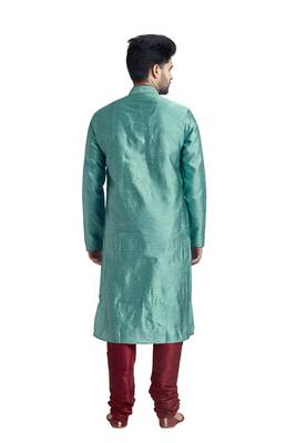Blue Jacquard Kurta Set With Machine Embroidery On The Placket Patti And Collar With Maroon Cord Piping 2
