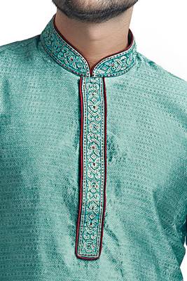 Blue Jacquard Kurta Set With Machine Embroidery On The Placket Patti And Collar With Maroon Cord Piping 3