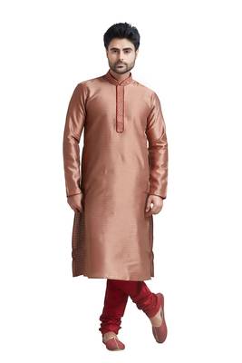 Rust Jacquard Kurta Set With Machine Embroidery On The Placket Patti And Collar With Maroon Cord Piping 1