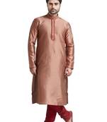 Rust Jacquard Kurta Set With Machine Embroidery On The Placket Patti And Collar With Maroon Cord Piping