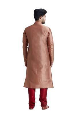 Rust Jacquard Kurta Set With Machine Embroidery On The Placket Patti And Collar With Maroon Cord Piping 2