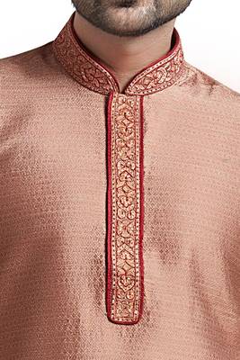 Rust Jacquard Kurta Set With Machine Embroidery On The Placket Patti And Collar With Maroon Cord Piping 3