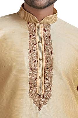 Fawn Jacquard Kurta Set With Machine Embroidery Near Plcket Patti And Cording On Collar With Stone Buttons 2