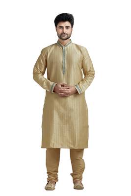Beige Poly Silk Kurta Set With Green Lace On Collar And Placket Patti And All Over Cording On The Kurta 1