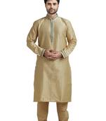 Beige Poly Silk Kurta Set With Green Lace On Collar And Placket Patti And All Over Cording On The Kurta