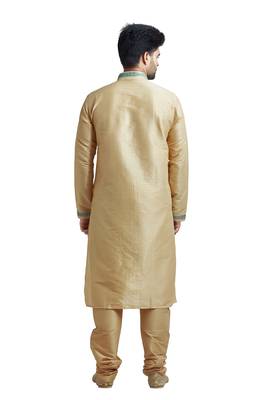 Beige Poly Silk Kurta Set With Green Lace On Collar And Placket Patti And All Over Cording On The Kurta 2