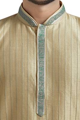 Beige Poly Silk Kurta Set With Green Lace On Collar And Placket Patti And All Over Cording On The Kurta 3
