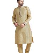 Beige Poly Silk Kurta Set With Purpal Lace On Collar And Placket Patti And All Over Cording On The Kurta