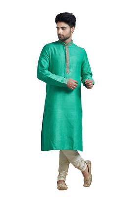 Green Bhaghalpuri Kurta Set With Machine Embroidery On Placket Patti And Collar 1